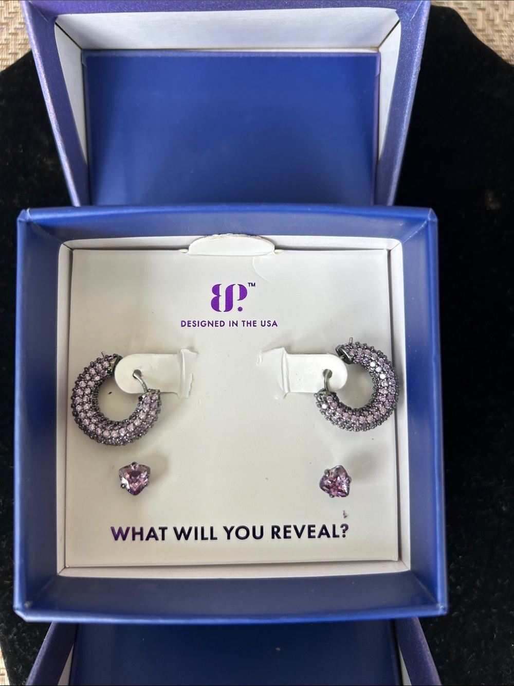 Bomb Party Phantom Lure Amethyst Cubic Zirconia 2 set earrings Hematite plating - Picture 2 of 7